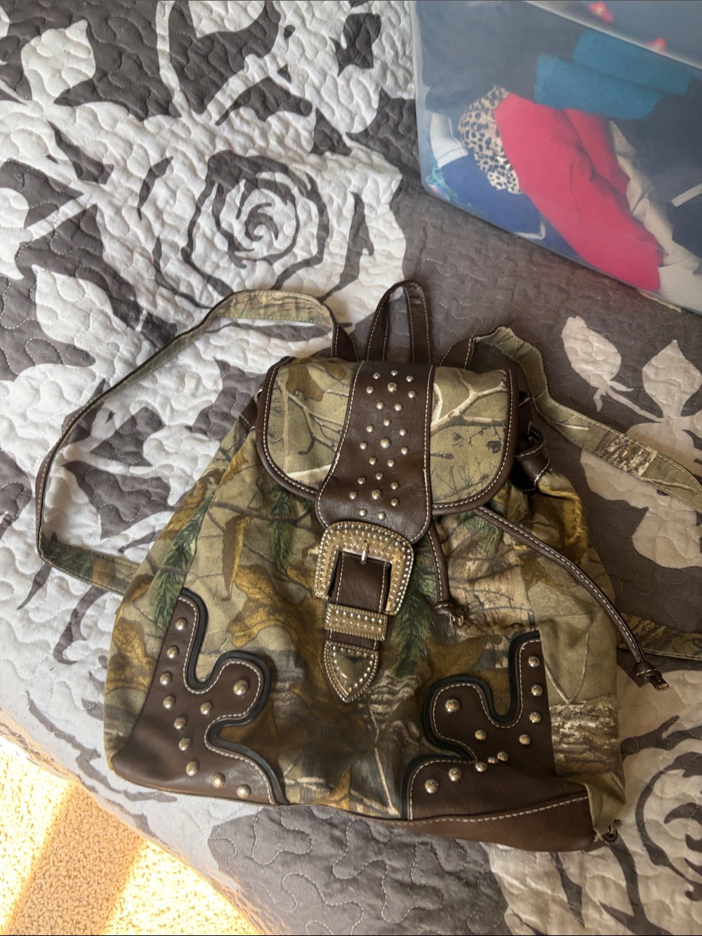 Studded Camo Drawstring Backpack - Brown/Green